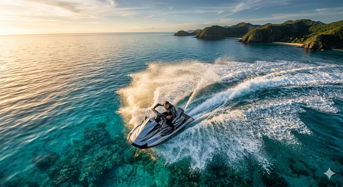 A sleek speed boat or jet ski cutting through crystal clear turquoise ocean water, aerial view, extreme action shot, 4k resolution (no woman image)